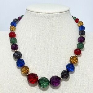 Vintage Chunky Rainbow Faceted Bead Necklace Colorful Acrylic Statement Jewelry